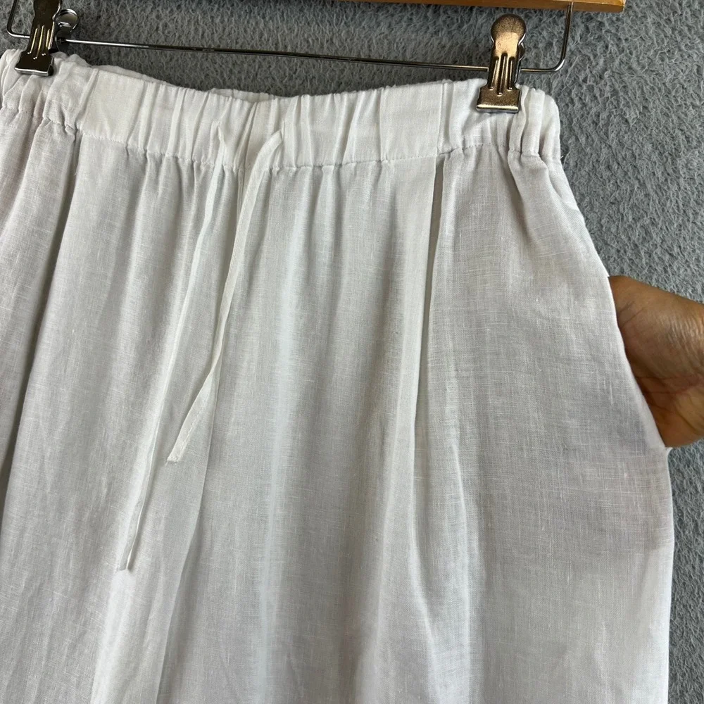 Zara Womens White Linen Wide Leg Drawstring Elastic Waist Crop Pants Pocketed S